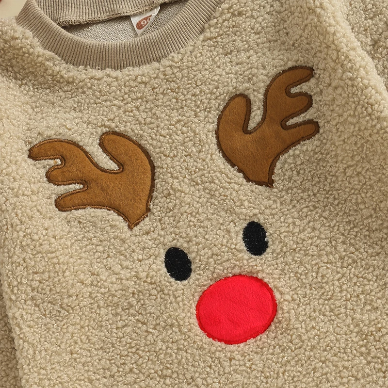 Baby Fleece Romper Long Sleeve Round Neck Warm Fluffy  Reindeer Embroidery Jumpsuit Infant Winter Outfit