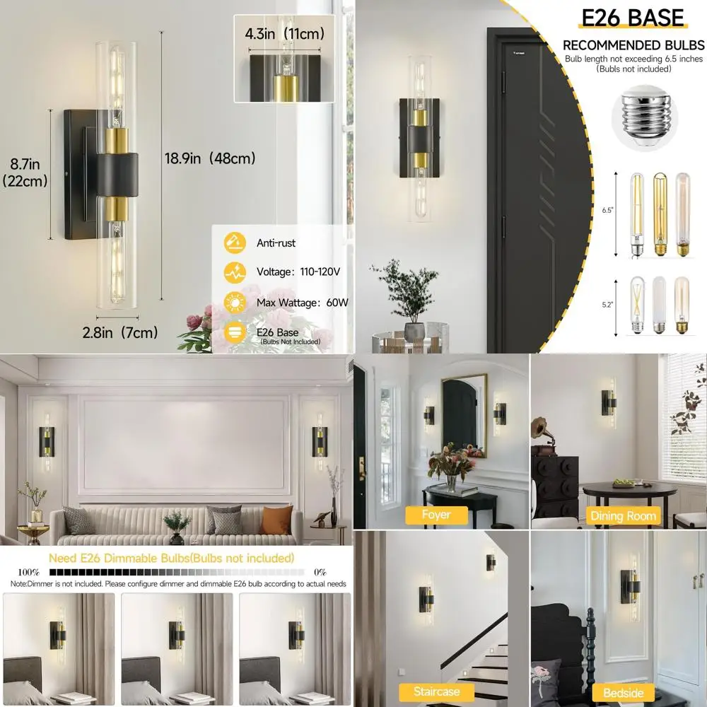 

Pair of 19 Modern Black & Gold Vanity Lights for Bathroom, 2-Light Wall Sconces with Clear Glass, Hardwired Fixtures for Bedroom
