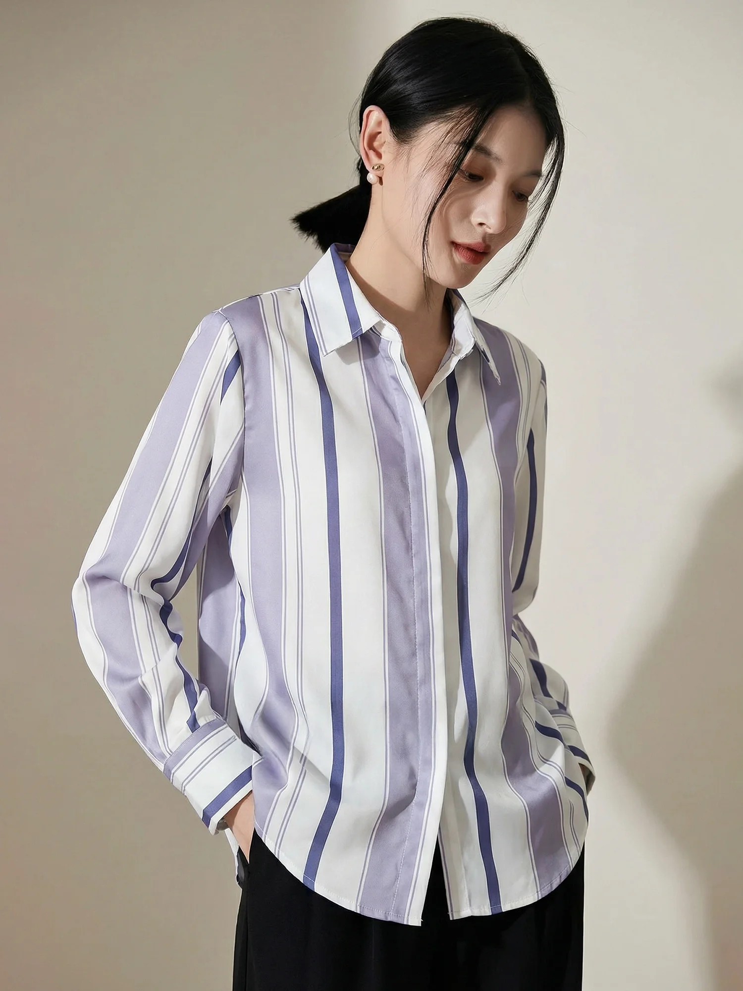 

Chivirin Hong Kong Sle Striped irt Women's Long Sve Commute Single Button Color Blo Top Polyester Fiber Straigh...