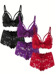 Plus Size Sexy Lingerie Set Women's Plus Floral Lace Scalloped Trim Bow Front Strappy Bra & Panty Lingerie