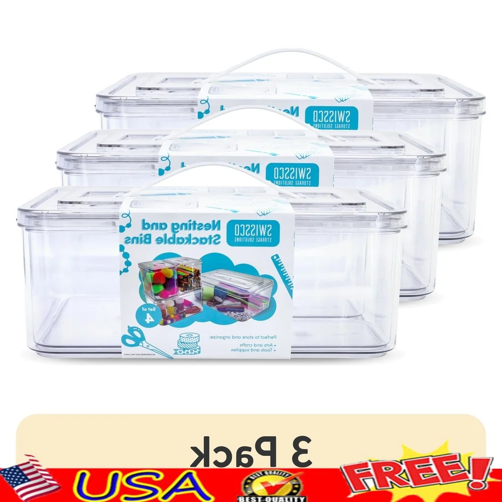 

(3 pack Stackable & Nesting 4 Piece Plastic Organizing Storage Bins Arts & Craft Jewelry Supplies Clear