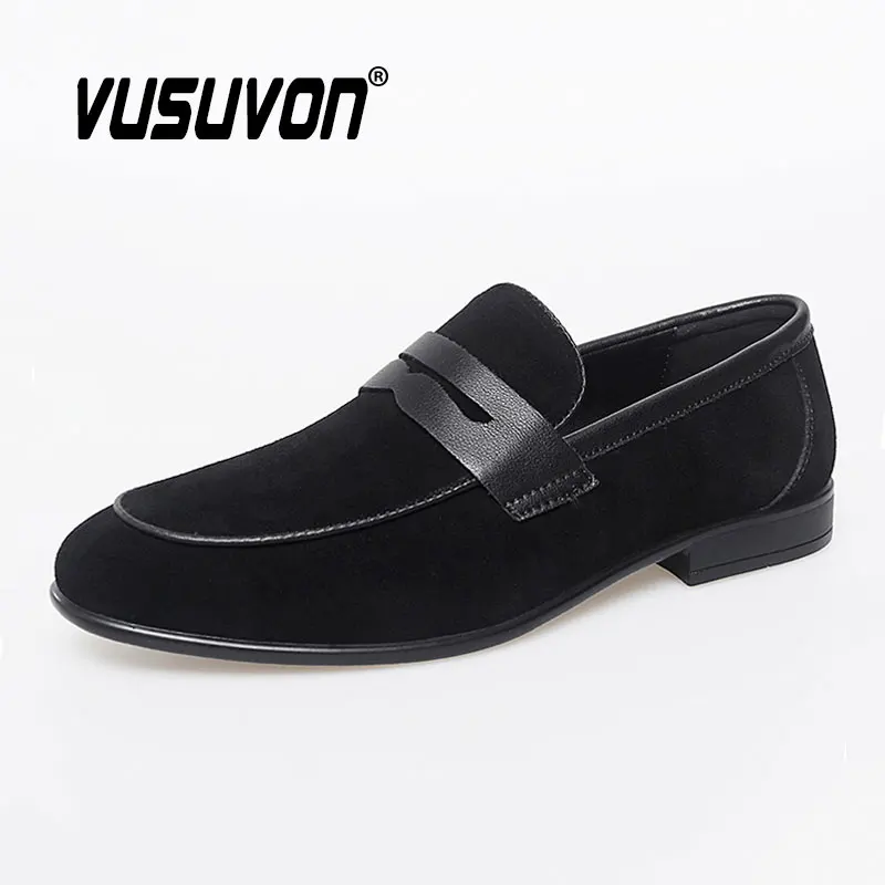 Men Penny Loafers Suede Leather Boys 38-44 Size Breathable Black Shoes Soft Outdoor Casual Summer Mules Dress Walking Flats