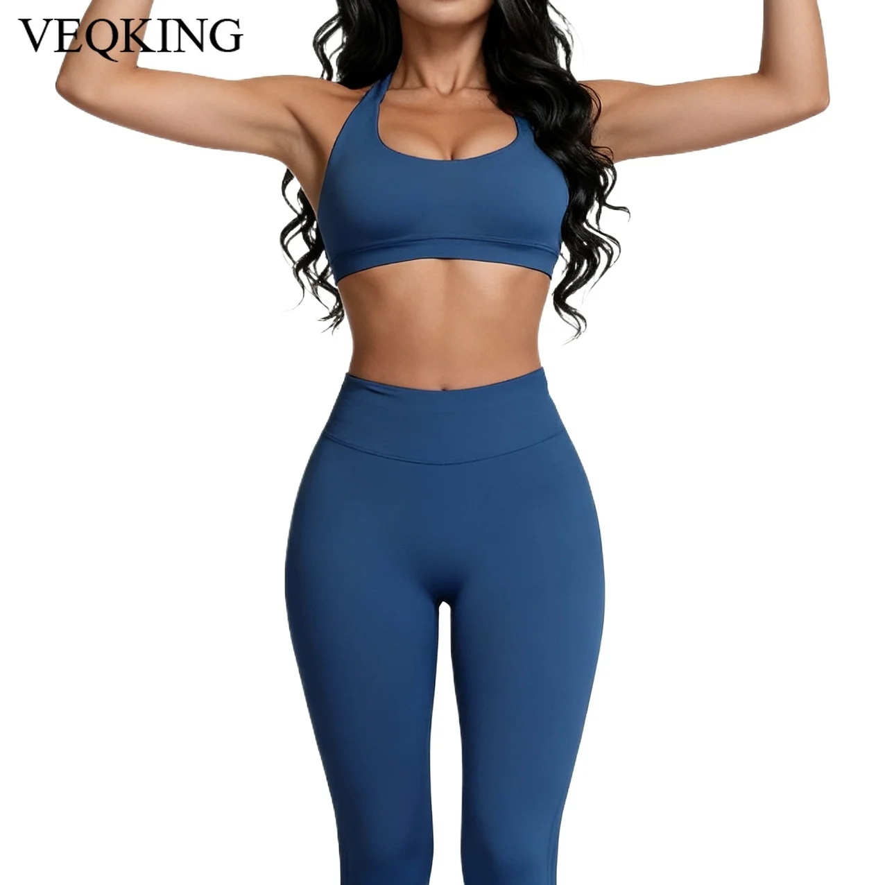 

VEQKING 2pcs Women Yoga Pants Set Backless Sports Crop Tops with Pads Hip Lift Scrunch Butt Gym Leggings Push Workout Halters