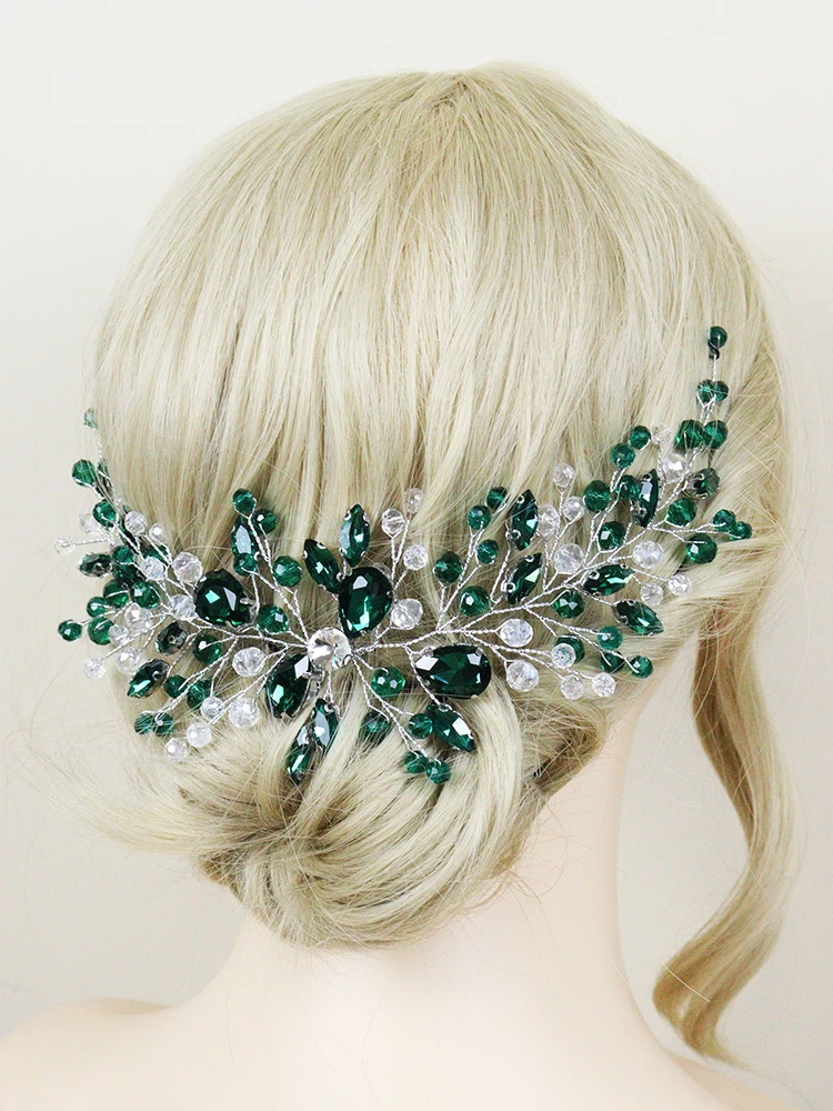 Trendy Green Rhinestone Headband Wedding Hair Accessories Handmade Crystal Women Tiaras 90s Bride Headdress for Party Prom