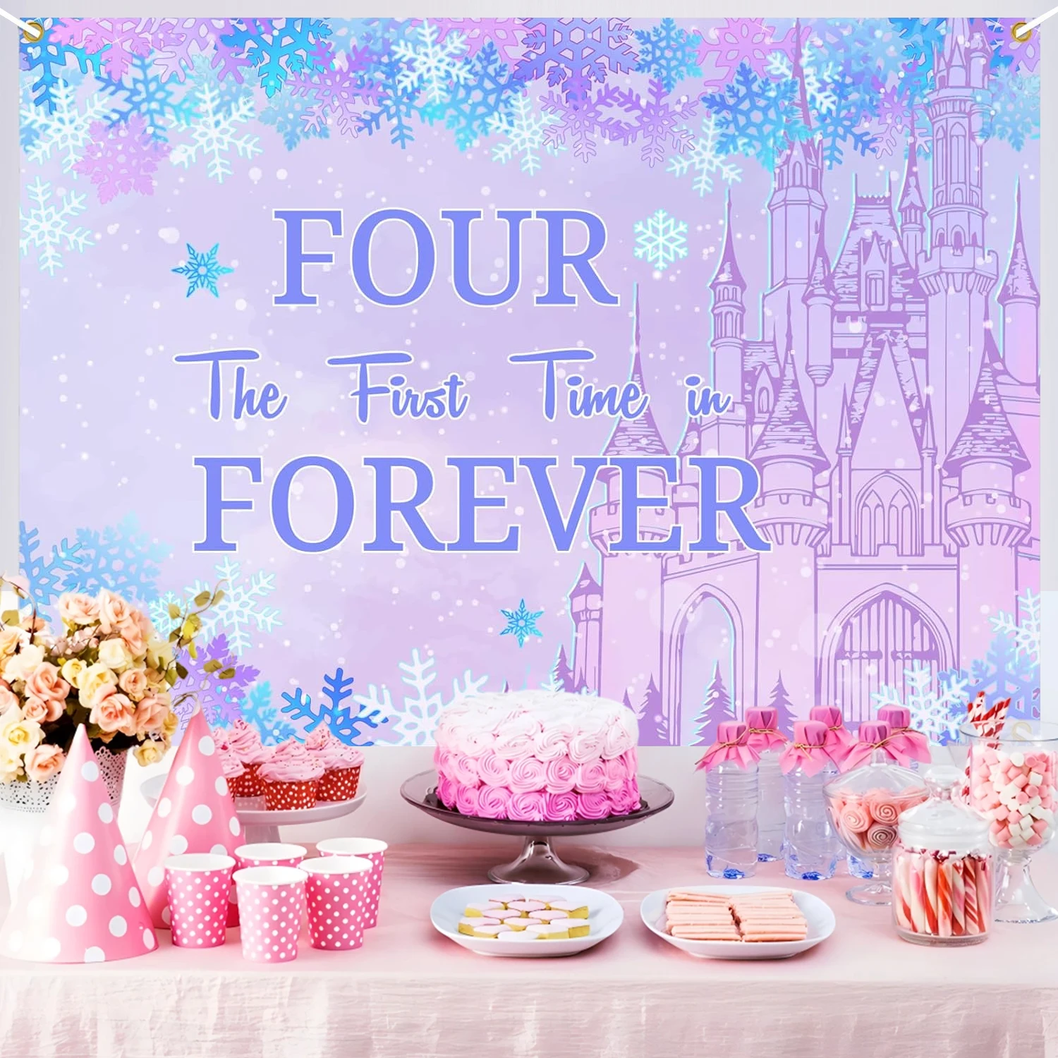 Four The First Time in Forever Birthday Decorations Winter Princess 4th Birthday Backdrop Frozen Birthday Decorations Princess view 4
