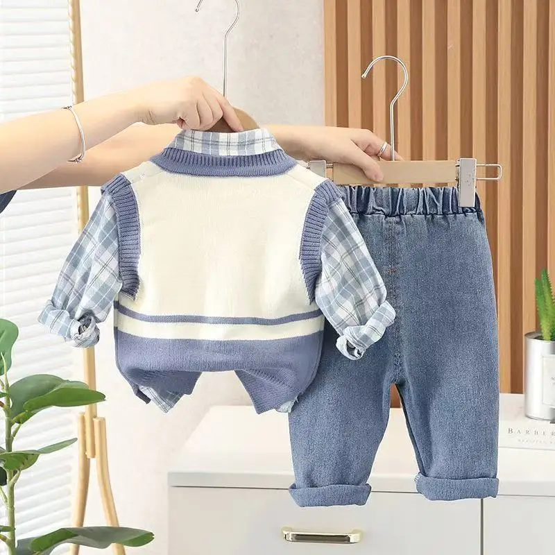 

Boys' Baby Autumn Suit 2026 New Children's Fashionable Clothes Spring and Autumn Vest Shirt Jeans 3 Piece Set