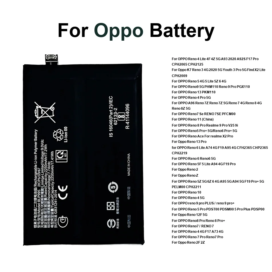 

Battery For Oppo 7Z A96 K7 3 Reno 12F 2F 2Z 5F 5Z 6Z 7Z Ace z 2 3 10 11 13 4 5 6 9 7 7SE SE 8 F19 A95 pro+ Pro 5G 4G Lite Plus