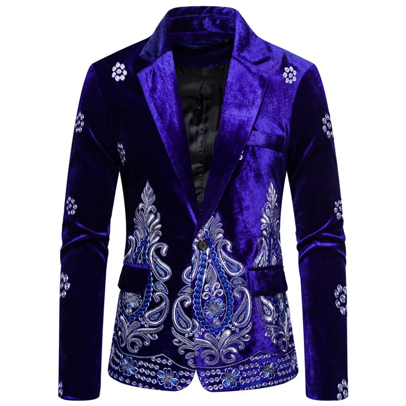 High Quality Men's  Blazer Costume Stage Jacket Suit Male Velvet  Gold Thread Embroidered Dress Suit