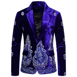 High Quality Men's  Blazer Costume Stage Jacket Suit Male Velvet  Gold Thread Embroidered Dress Suit