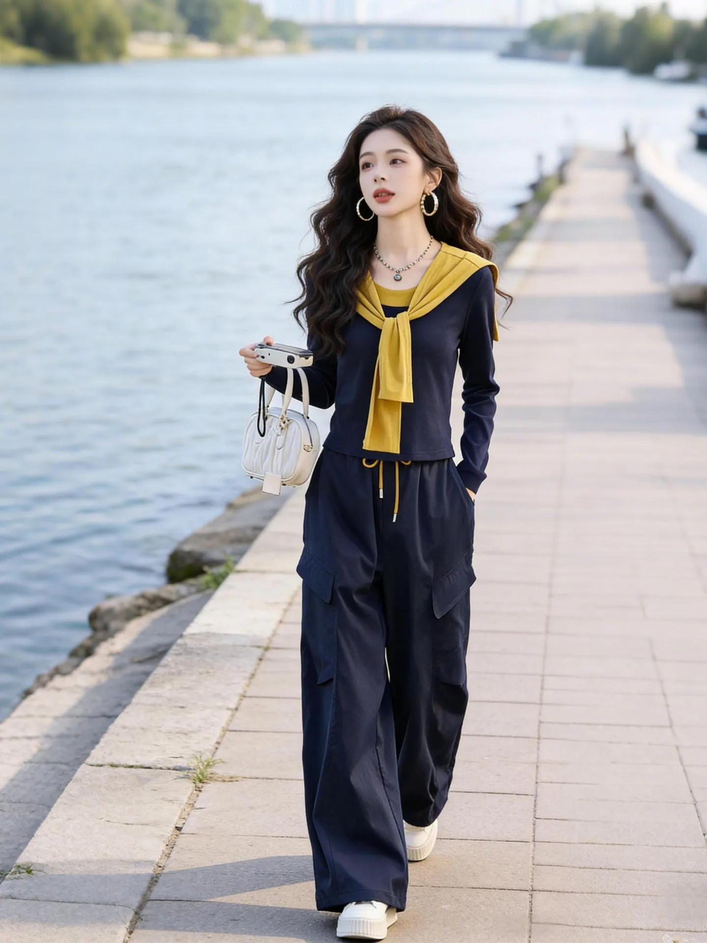 

Color Block Knitwear Shawl Wide Leg Pants Two Piece Set Commute Style Women's Fashion Spring Autumn High Quality Ensemble