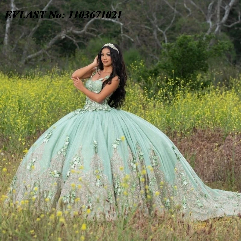 EVLAST Shiny Sage Green Quinceanera gaun bola gaun Floral Applique manik-manik kristal korset manis 16 Vestidos De XV 15 Anos SQ96