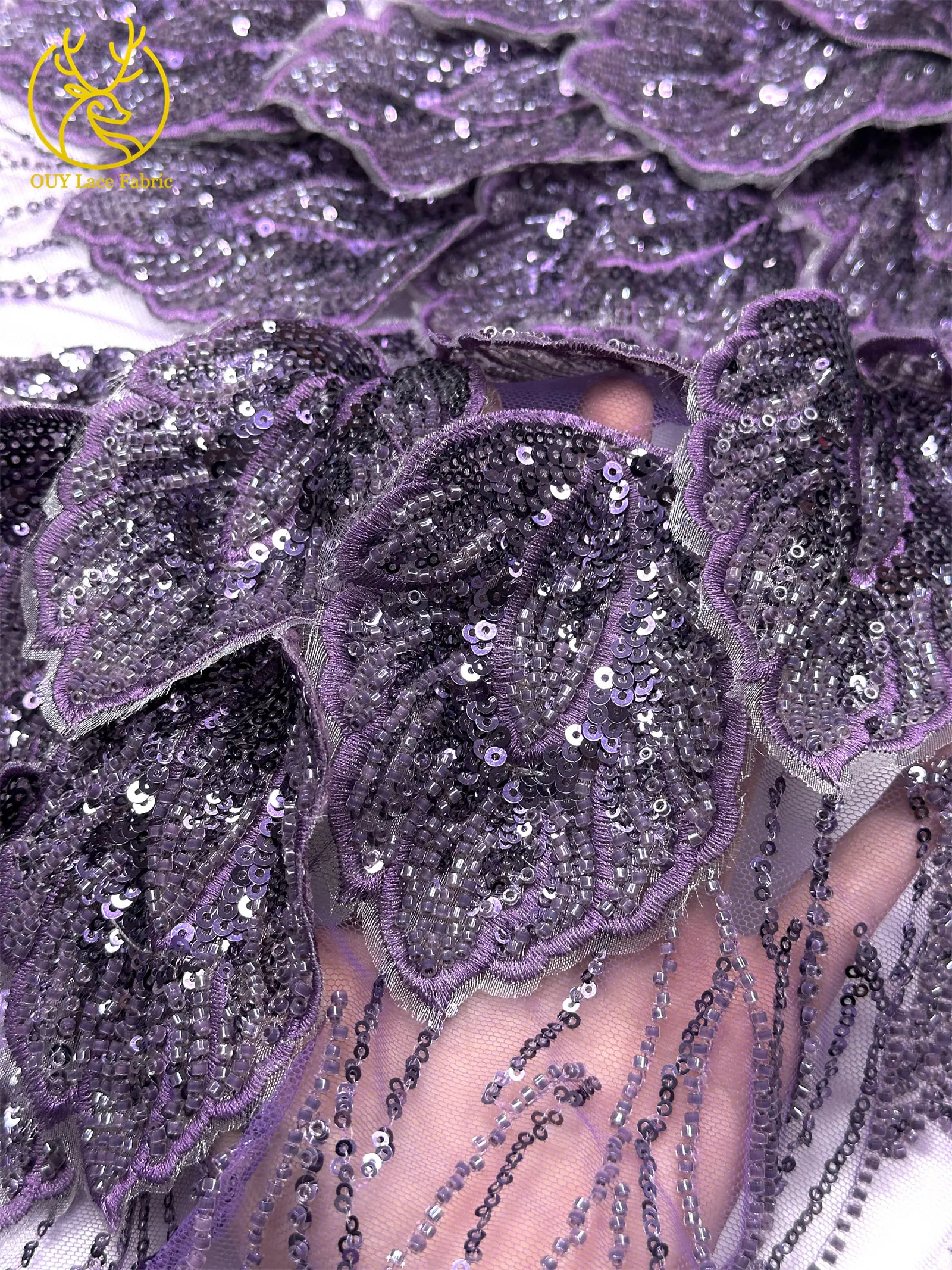 Nigerianischer 3D-Stickerei-Blatt-Spitzenstoff 5 Yards Afrikanische DIY-Stickerei Perlen-Pailletten-Spitze Tüll-Netzspitze Damen-Abendkleid – Detail 9