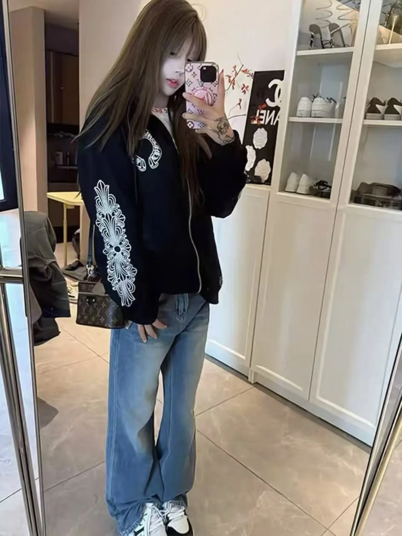 Street Sle Hoodie Damen Herbst Winter Casual Paar Offene Strickjacke Jaet Loose Fit Bedruckt Lange Sve Reißverschluss