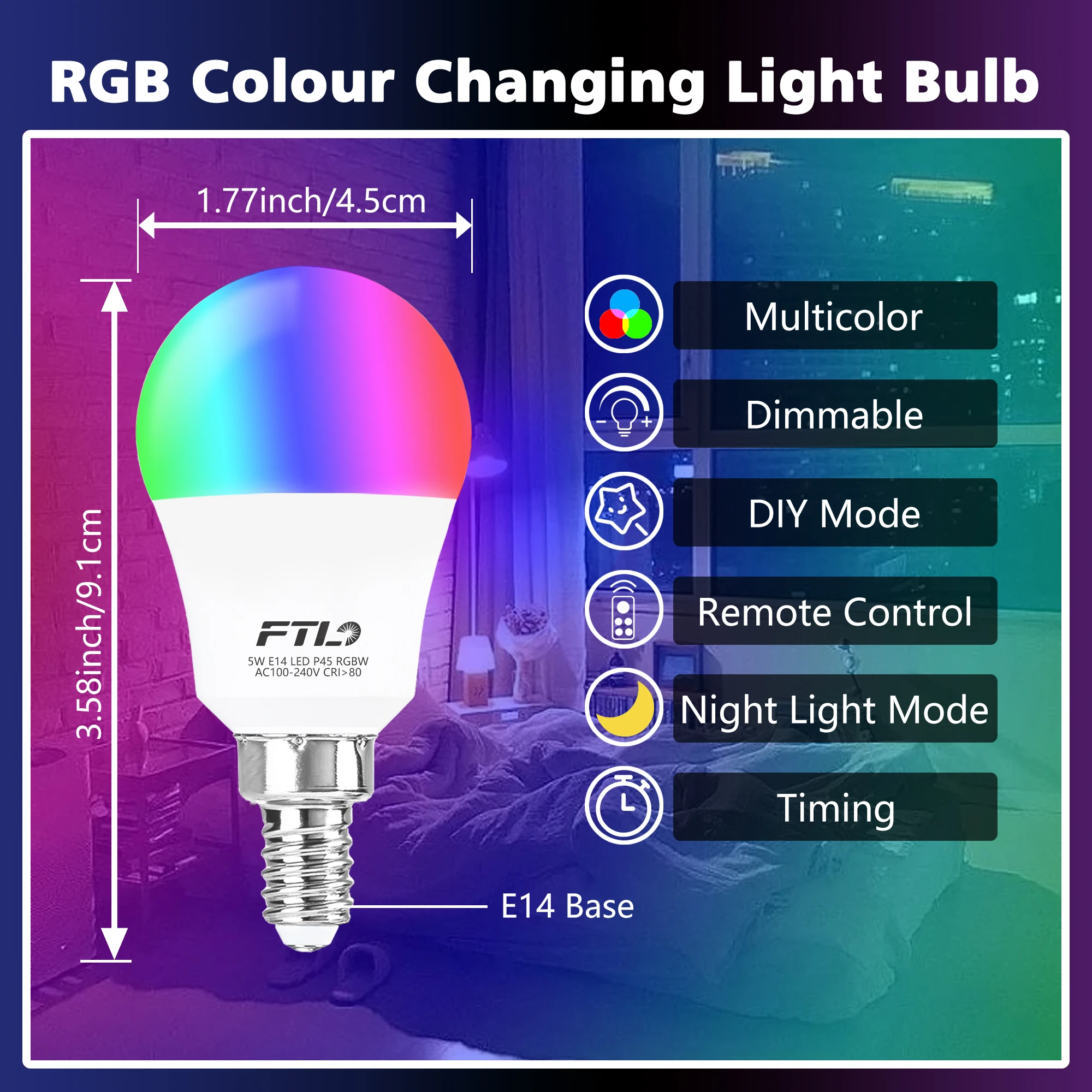 E14 LED Colour Changing Light Bulb with Remote Control, 5W(40W Equivalent) Dimmable E14 P45, Timing Function for Party, 6-Pack