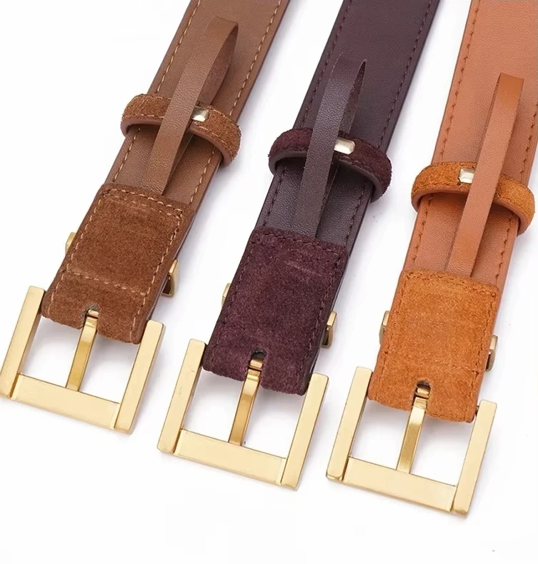 Casual Genuine Leather Belt Suede Cowhide Belts for Women Wide Elegant Dress Jeans Waistband Gold Buckle Girdle