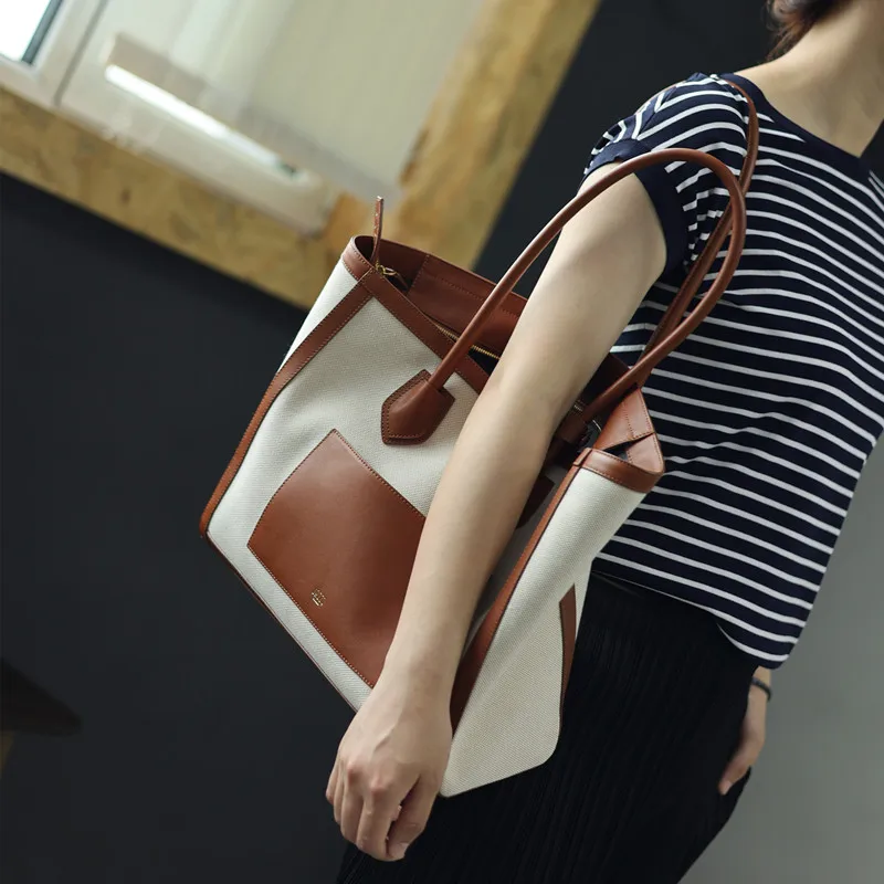 Women Large Capacity Tote Bag With Laptop Compartment Luxury Canvas With Cow Leather Shoulder HandBag For Work Zipper Closure