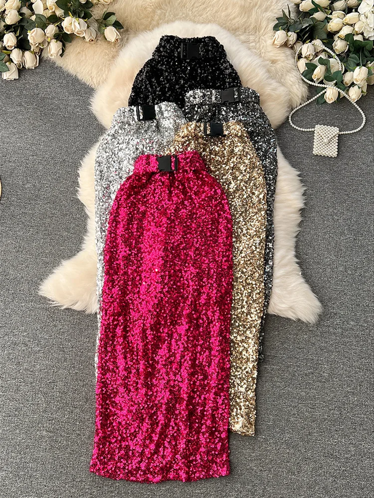 Women Sexy Sequins Pencil Long Skirt Elegant Bing Shining Rose Red/Silver/Gold/Black/Gray Bodycon Skirt Fladas Saia New Fashion