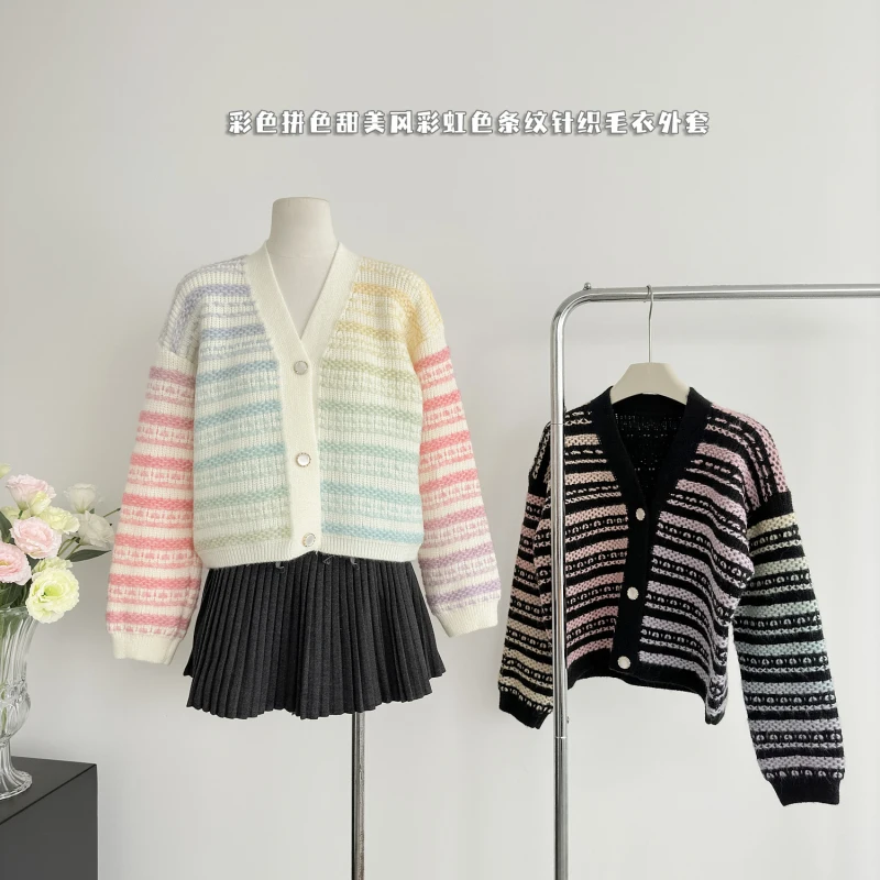 Rainbow Striped Sweet Knitted Cardigans Women Autumn Winter New Elegant Sweaters Loose Contrast Color Knitted Coats Y2k