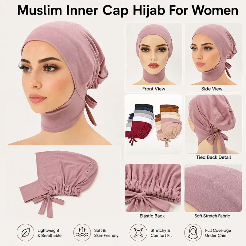 Women Milk Silk Elastic Tie Head Cap Wraps Solid Color Stretchy Underscarf Turban Hijab Base Cap Soft Inner Headwear For Muslim