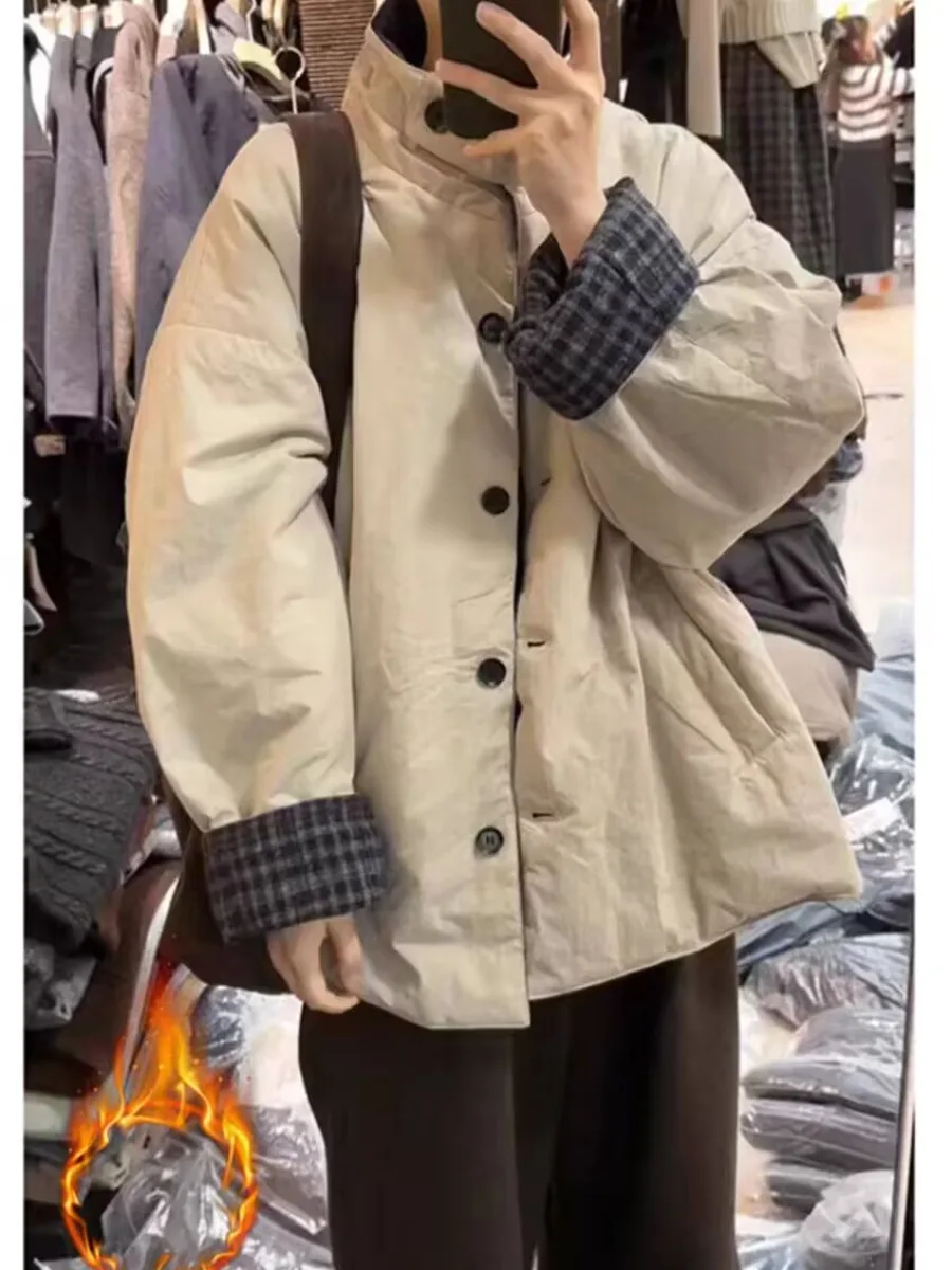 Korean Style Plaid Double-Sided Wear Thickened Cotton Jacket Women's Winter Fashion Stand Collar Warm Coat Outerwear