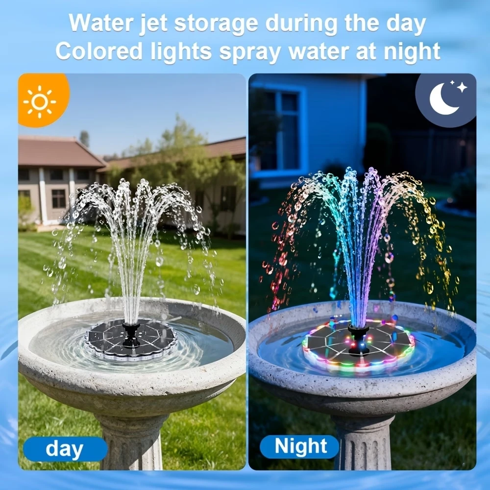 Solar Fountain with LED Lights&1800mAh Battery, 3.5W Solar Water Fountain Pump with 8 Nozzles&Crash Bars for Outdoor Decoration