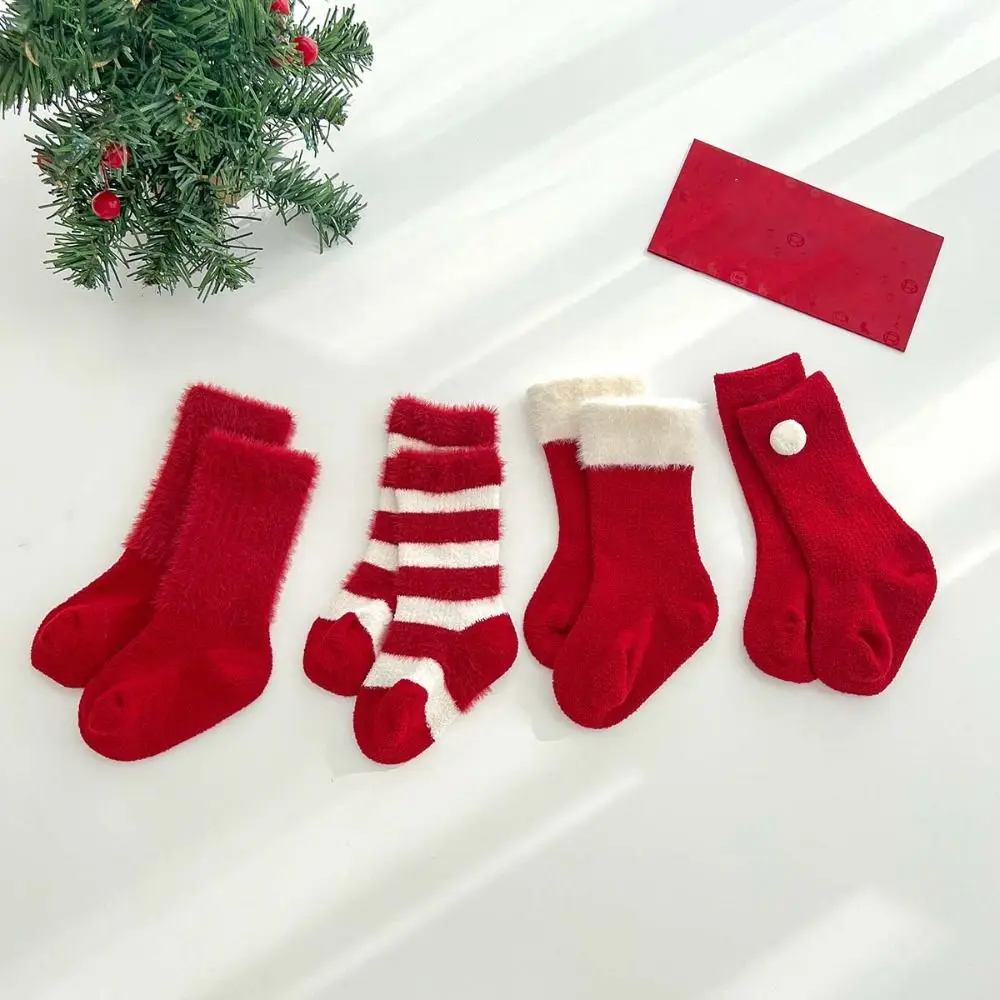 

5Paits Cotton New Year Red Socks Thicken Warm Good Luck Baby Plush Red Socks Infant Hosiery Floor Socks Toddle Tube Socks