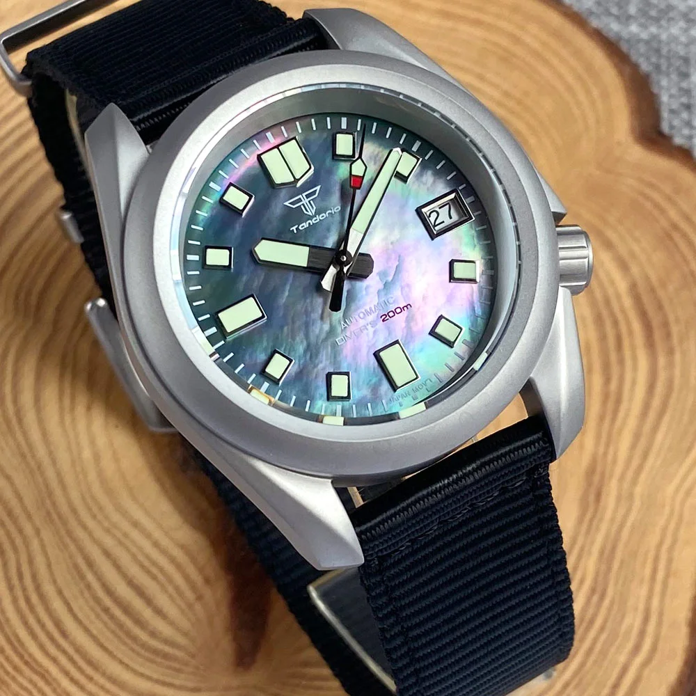 Tandorio New 40mm Sandblasting Stainless Steel Blue Mother of Pearl Dial NH35 Automatic Mechanical Sapphire Glass Mens for Watch