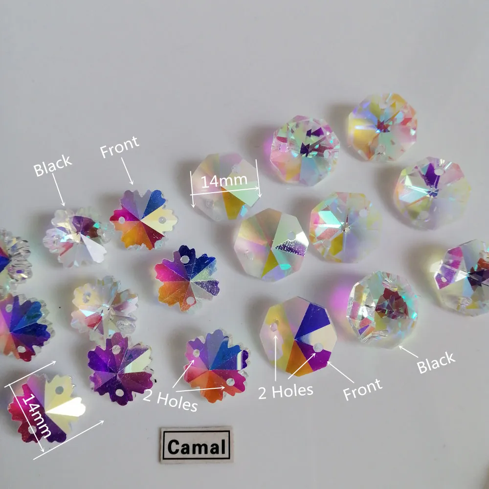 Camal 20pcs AB Color Crystal 14mm Octagonal / Snowflake Loose Beads 2 Holes Chandelier Lamp Lighting Part Curtain Accessories