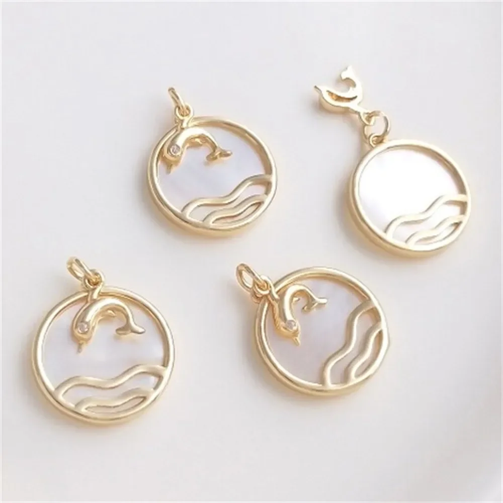 

Inlaid with Natural Sea Color Shells 14K Gold-Color Wave Dolphin Medallion Pendant Mother-of-pearl Charm DIY Necklace Pendant