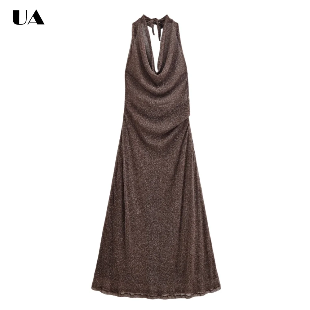 

Elegant A-line Tied Halterneck Draped Midi Dress, Sexy Backless Long Dresses for Women, Classic Solid Sleeveless Party Dress