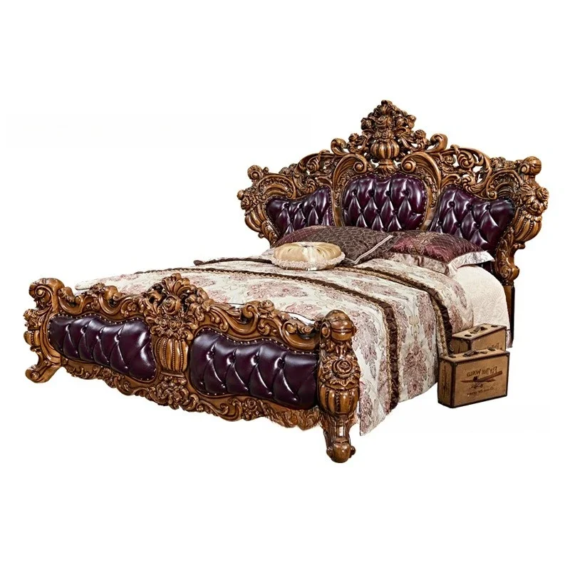 

European style villa luxury high-end double bed American oak carved leather solid wood double bed retro luxury