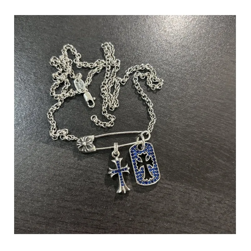

Retro Old Light Luxury Blue Diamond-encrusted Hollow Square Cross Double Pendant Pin Pearl Chain Bamboo Chain