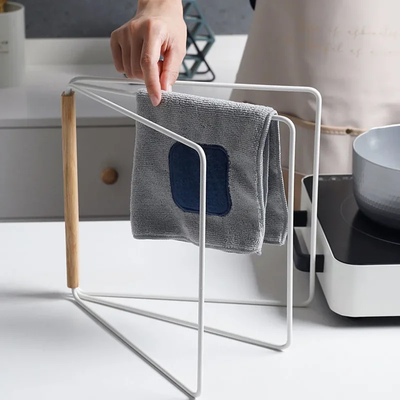 

HeMu Iron Wood Handle Towel Rack Countertop Vertical Dish Cloth Holder Kitchen Hand Towel Hanger Desktop Storage Organizer