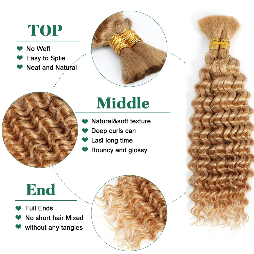 Blonde Human Braiding Hair for Boho Braids Highlights No Weft Virgin Brazilian Curly Deep Wave Bulk Hair Extensions for Braiding