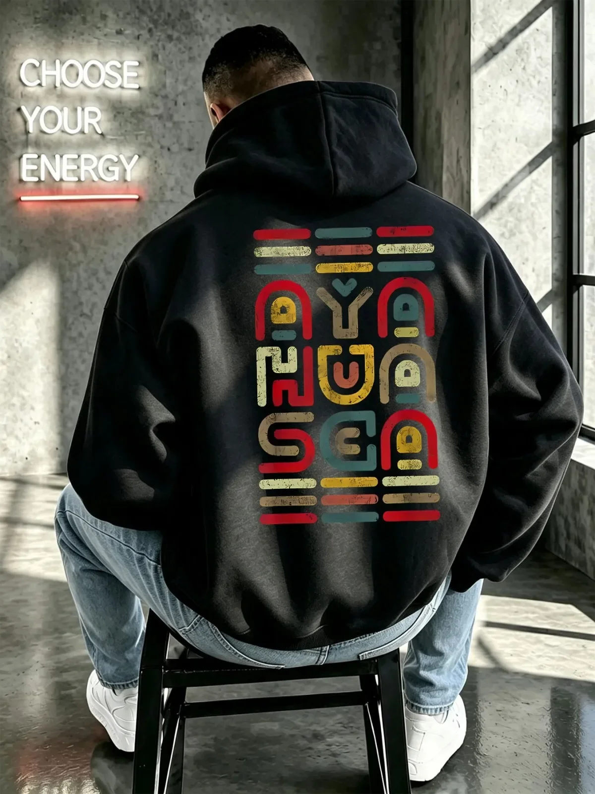 Boho Abstract Styled Color Letter Mens Hooded Sweatshirt Vintage Multicolored Alphabet Art Print Casual Loose Street‑Wear Hoodie