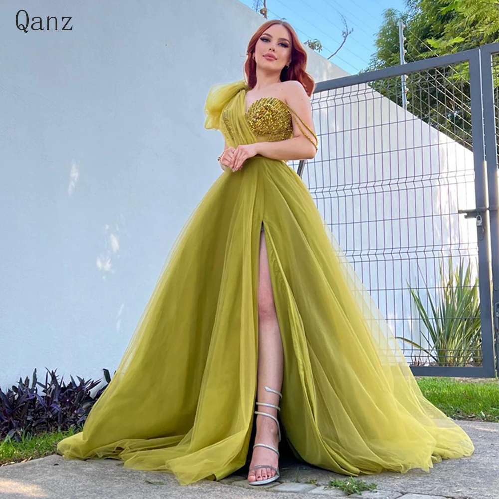 

Qanz Sweetheart Long Prom Dresses Slit Tiered Tulle Evening Gowns Beaded Sequins Vestidos Para Mujer Robe Soirée Customized