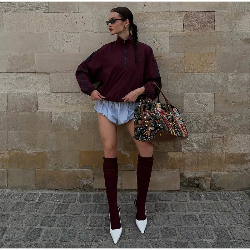 Halb-Reißverschluss Oversize-Mäntel für Damen, Street-Style Stehkragen, Laternenärmel, Paneelierte Lose Passende Jacken, Schicke Damen-Oberbekleidung – Detail 7