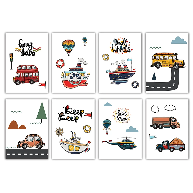 

Cartoon Hot Air Balloons Large Trucks Cars Ships Canvas Posters Wall Art Picture Nordic Children's Rooms Nurseries Home Decor