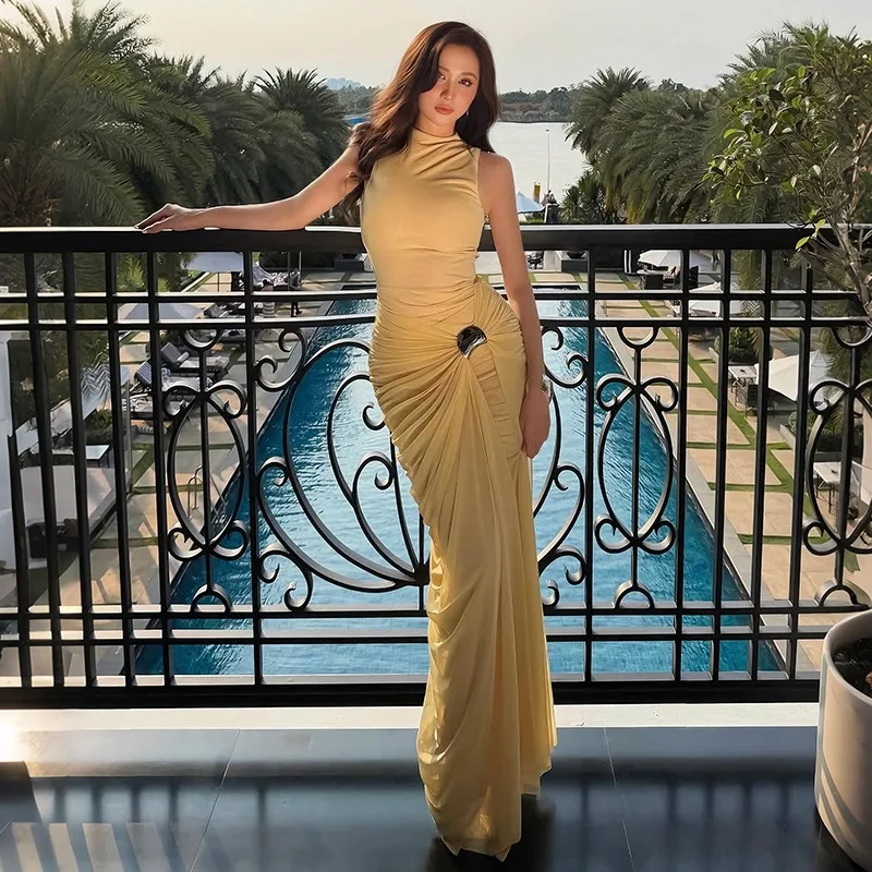 Yellow Sleeveless Mock Neck Maxi Dress Women Ruched Metal Buckle Bodycon Gown Elegant Club Evening Cocktail Party Vacation Robe