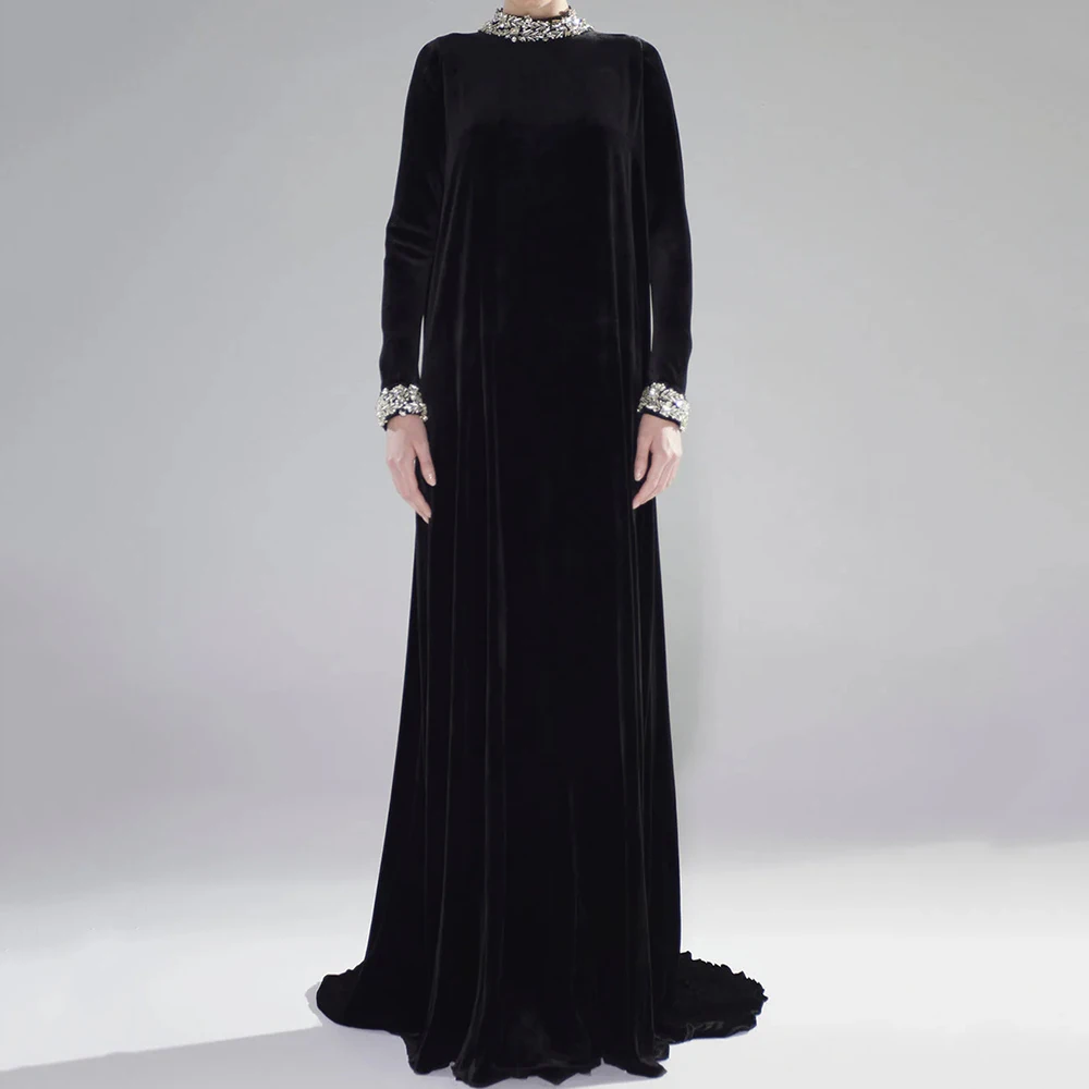 

Women's Mermaid Evening Dresses Floor-length High-neck Full Sleeve Prom Gown Fashion Crystal Draped Backless Customized Gowns