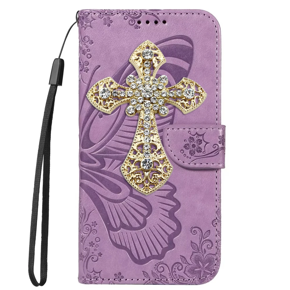 Cross Leather Phone Case for iPhone 16 15 14 13 12 11 Pro Max Plus Magnetic Flip Wallet Coque Butterfly Lanyard Cover Stand Bag