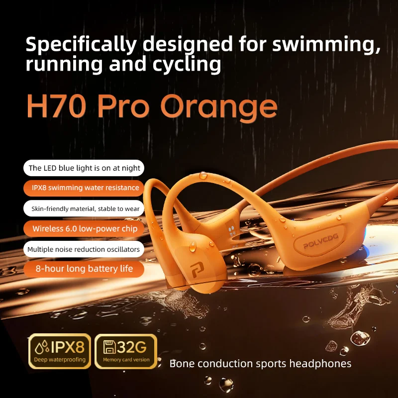 POLVCDG H70 Pro beengeleidingsoortelefoons voor zwemmen IPX8 waterdicht 32 GB geheugen Bluetooth 6.0 buitensporten hardlopen en fietsen