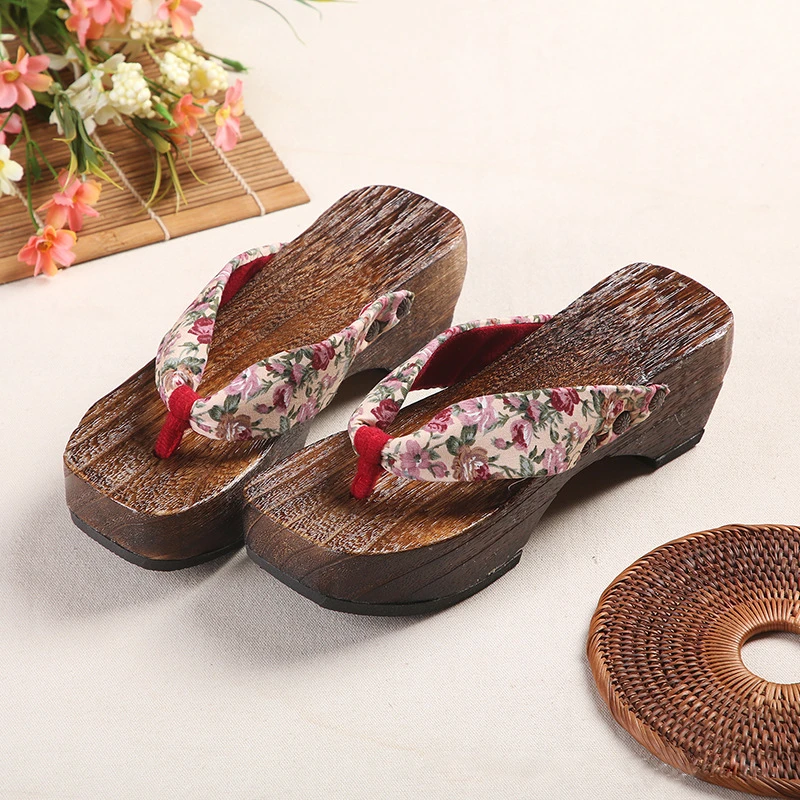 Japanese Geta for Women Japanese Traditional Shoes High Heel Platform Printed Wooden Shoes Five Colors Floral Outdoor Sandals