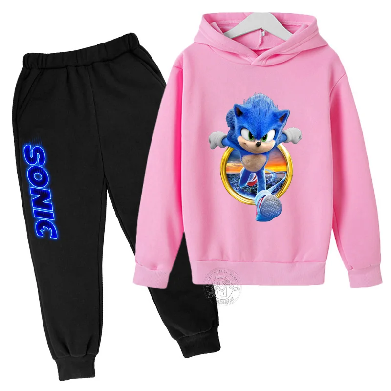 Anime Sonic Letter Printed Children's Autumn And Winter Warm Two-Piece Hoodie+Pants Sports Set For Boys And Girls Aged 3-13