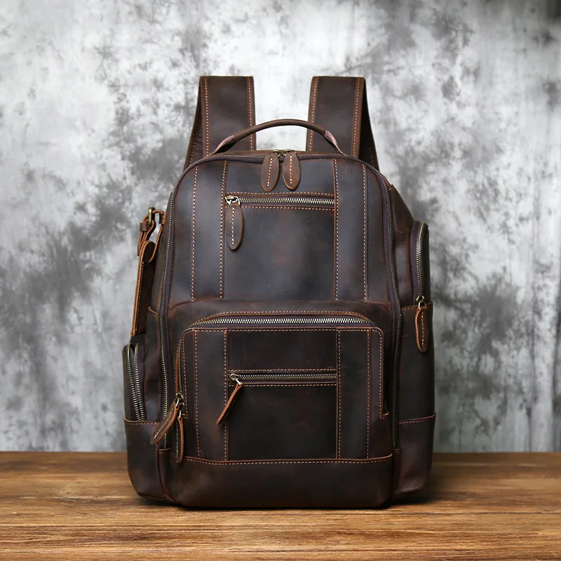 Retro Genuine Leather Men's Backpack Top Layer Cowhide Backpack  Fashion Men's Bag Crazy Horse Skin Travel Computer Bag