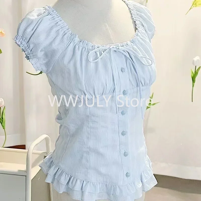 Blusa elegante con cuello cuadrado para Mujer, camisa con volantes, manga corta, ajustada, Y2k, novedad de verano 2024