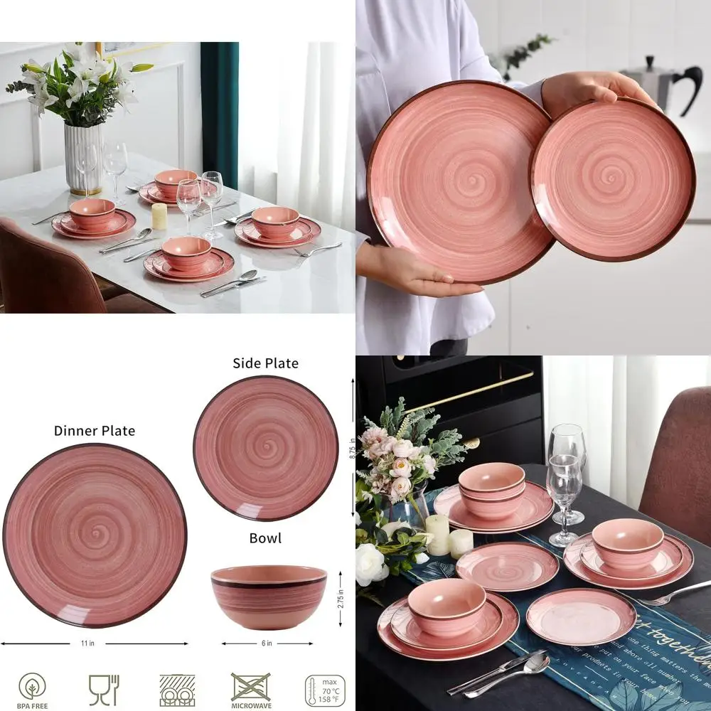 

Набор меламиновой посуды из 12 предметов, тарелки и миски (4 комплекта), розовый цвет, для использования в помещении и на улице