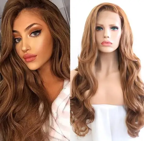 Brown Body Wave Frontal Lace Wig Synthetic Heat Resistant Wig For Women Dailiy Used Natural Hairline Side Part