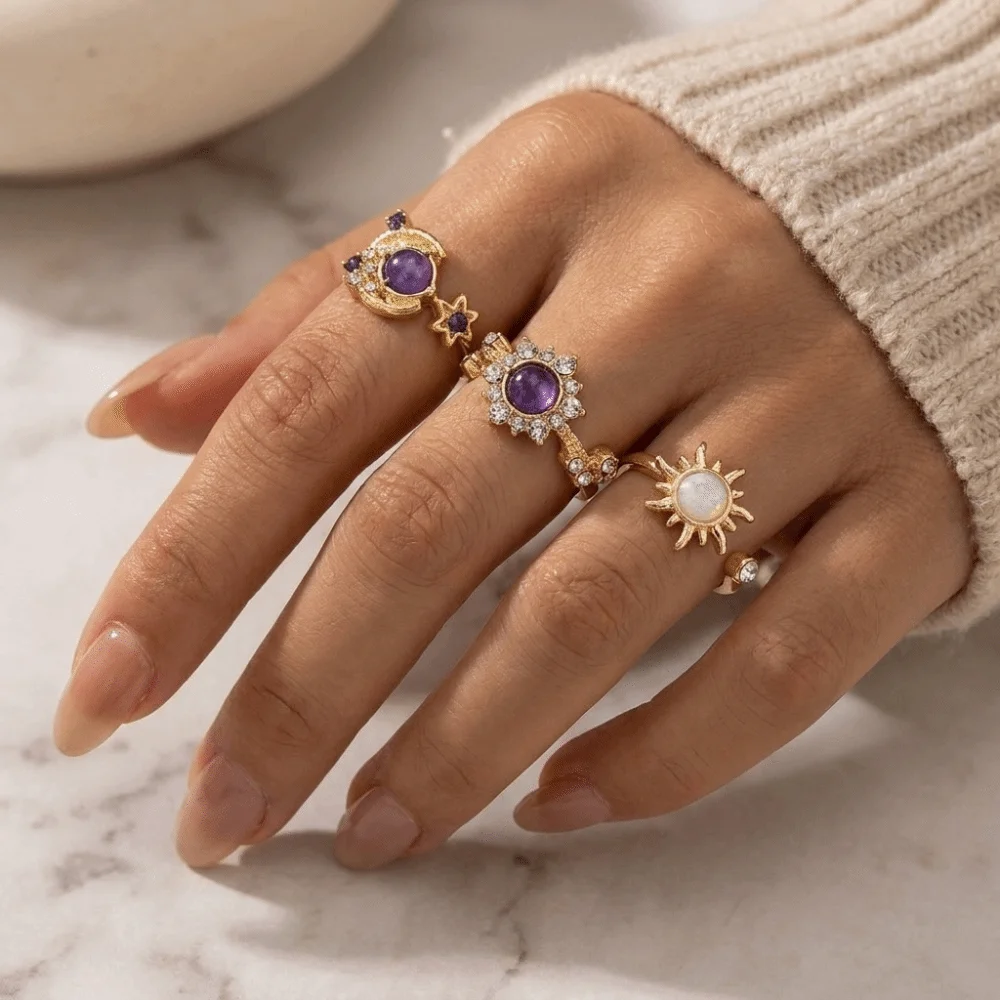 Vintage Gold Tone Stackable Rings Inlaid Purple Gem Shiny Sun Moon Ring Set Irregular Open Adjustable Finger Jewelry Teenager