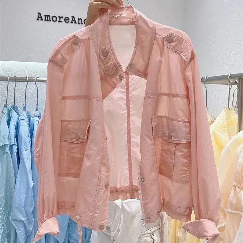 2026 여름 스탠드 칼라 포켓 자외선 차단 의류 여성 루즈핏 UV 차단 셔츠 얇은 숏 재킷